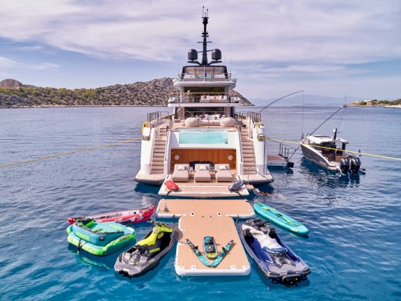 102 Superyacht PARA BELLUM with water toys and floating platform off the stern